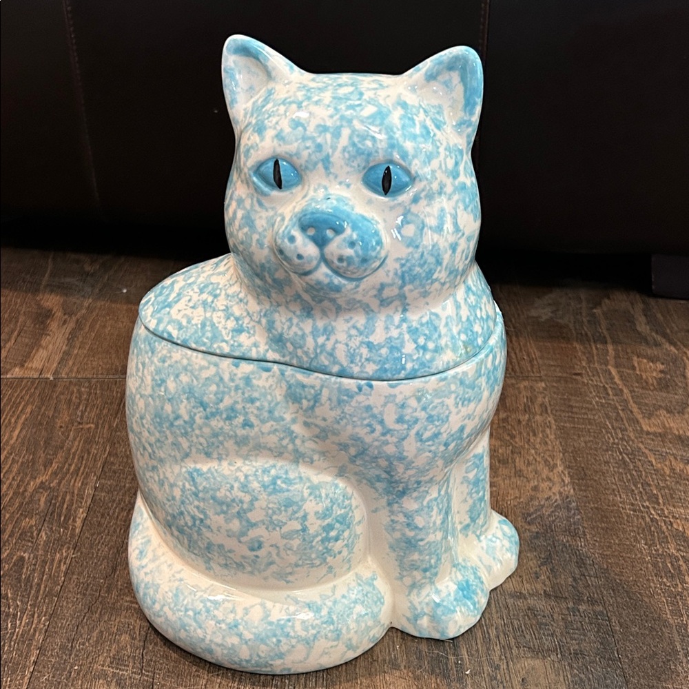 Vintage Blue Hand Painted‎ Sponge-ware Ceramic Cat Cookie Jar 12”